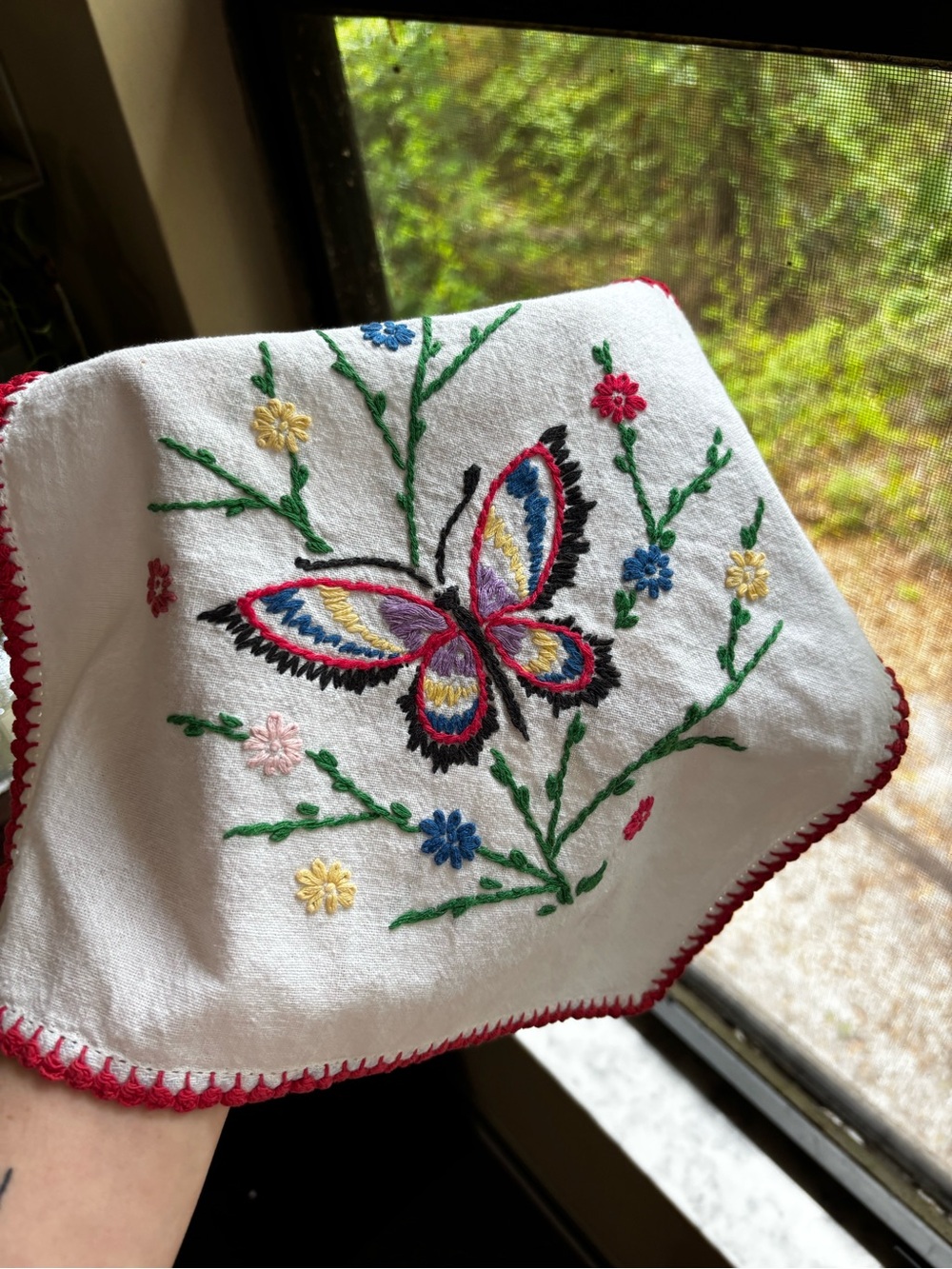 Hand Embroidered Butterfly Floral Cloth - White with Multicolor Stitching